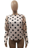 Apricot Polyester O Neck Puff sleeve Dot Patchwork Print asymmetrical Tops