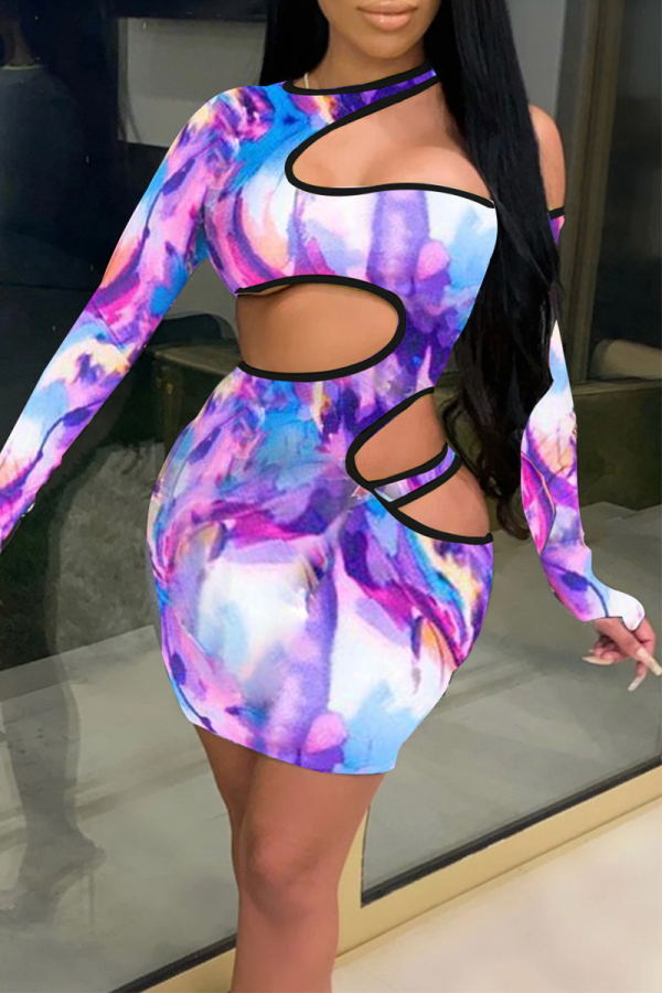 Purple Sexy Print Patchwork Turtleneck Pencil Skirt Dresses