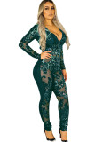 Black Sexy Solid Backless perspective Long Sleeve V Neck