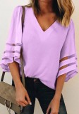 purple Fashion Casual V-Neck Half Hole Solid Regular Tees & T-shirts