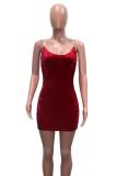 Wine Red Polyester Fashion adult Sexy Spaghetti Strap Sleeveless V Neck Step Skirt Mini hollow out Solid Patc