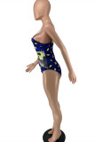 Blue Fashion Sexy Print Backless Swimwears