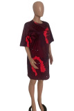 Red Fashion Casual Print Basic O Neck T-shirt Dress