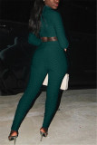 Dark green Fashion Casual Solid Basic O Neck Long Sleeve Two Pieces