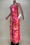 Rose Red Sexy Casual Print Tie Dye Backless Spaghetti Strap Loose Jumpsuits
