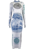 White Casual Print Patchwork See-through O Neck Pencil Skirt Dresses