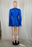Blue Fashion Casual Print Basic V Neck Regular Long Sleeve Romper