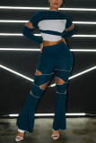 Blue Sexy Geometric Patchwork O Neck Long Sleeve Two Pieces