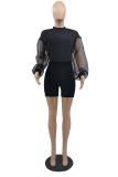 Rose Red Street Solid Mesh O Neck Long Sleeve Two Pieces