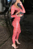 Red Fashion Sexy Print Strap Design Square Collar Long Sleeve Two Pieces