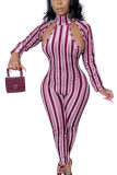 White Fashion Casual Striped zipper Long Sleeve Turtleneck Jumpsuits