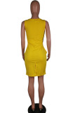 Yellow Polyester Sexy White Green Pink Yellow Spaghetti Strap Sleeveless Slip Sheath Knee-Length Print Dresses