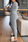 Grey Casual Sportswear Fiber Solid Buttons V Neck Skinny Jumpsuits