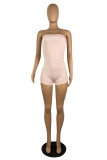 Pink Sexy Living Letter Embroidery Backless Strapless Skinny Romper