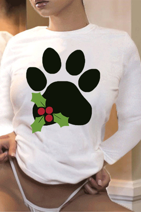White Fashion Casual Print Pullovers O Neck Tops