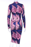 Colour Sexy Print Asymmetrical O Neck Pencil Skirt Dresses