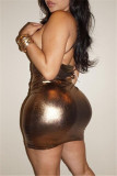 Gold Sexy Solid Hollowed Out Backless Sleeveless Dress