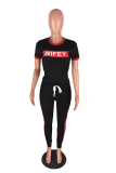 Black Drawstring Short Sleeve Mid Print Patchwork pencil Pants Two-piece suit