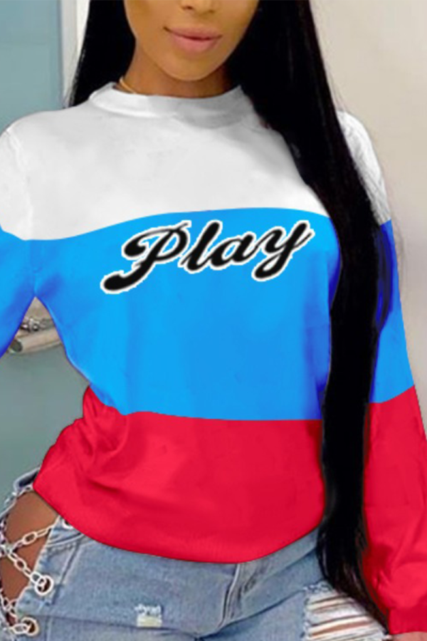 Red Blue Casual Print Letter O Neck Tops