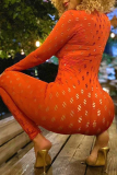 Red Sexy Solid Ripped Zipper Collar Skinny Jumpsuits