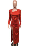 Red Polyester Sexy Cap Sleeve Long Sleeves Asymmetrical Collar Asymmetrical Floor-Length Patchwork Solid