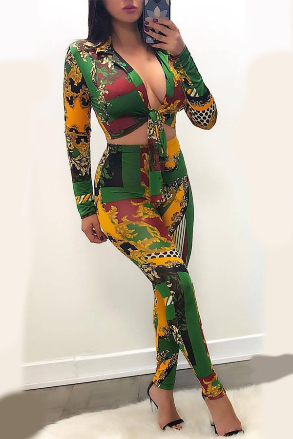 Green Sexy National Totem V Neck Long Sleeve Two Pieces