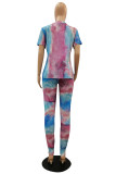 Blue Polyester Fashion Casual adult Patchwork Print Tie Dye Two Piece Suits pencil Short Sleeve Two Pieces