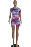 purple venetian Fashion Casual adult Ma'am Letter Patchwork Print Tie Dye Gradient Two Piece Suits Straight Short Sleeve Two Pieces