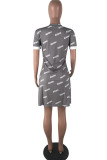 Grey Sexy Fashion adult Cap Sleeve Short Sleeves O neck Swagger Knee-Length Patchwork Print Cha