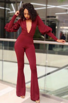 Wine Red Polyester Elastic Fly Long Sleeve Mid Beading Solid Loose Pants Jumpsuits & Rompers
