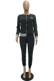 Black Casual Solid Embroidered Zipper Collar Long Sleeve Two Pieces