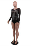 Red Fashion Sexy Patchwork See-through Hot Drill O Neck Skinny Romper