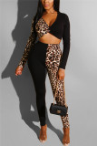 Black Fashion Sexy Print Patchwork V Neck Long Sleeve Two Pieces