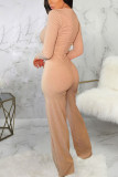 Beige Fashion Sexy Adult Cotton Solid Split Joint O Neck Long Sleeve Regular Sleeve Short Two Pieces