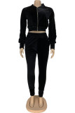 Black Daily Solid Split Joint Zipper Collar Long Sleeve Regular Sleeve Short Two Pieces