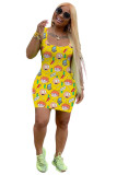 Yellow Polyester Fashion Casual adult White Green Yellow Cyan Multi-color Light Purple multicolor Tank Sleeveless Square Step Skirt Mini Print Patchwork Dresses