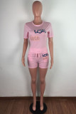 Pink Fashion Casual Patchwork Print pencil Short Sleeve Two Pieces
