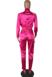rose red Fashion Sexy Adult Polyester Solid Split Joint Turndown Collar Long Sleeve Regular Sleeve Regular Two Pieces
