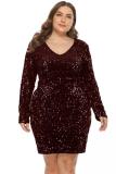 Dark green Blends adult Fashion Sexy V Neck Sequin Patchwork Embroidery Solid Stitching Plus Size Dress