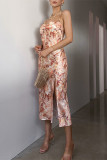 Purple Print Backless High Opening Spaghetti Strap Straight Dresses