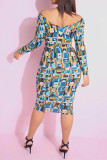Light Blue Sexy England Off The Shoulder Long Sleeves One word collar Step Skirt Knee-Length Print Dresses