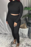 Black Sexy Solid Split Joint Turtleneck Long Sleeve Two Pieces