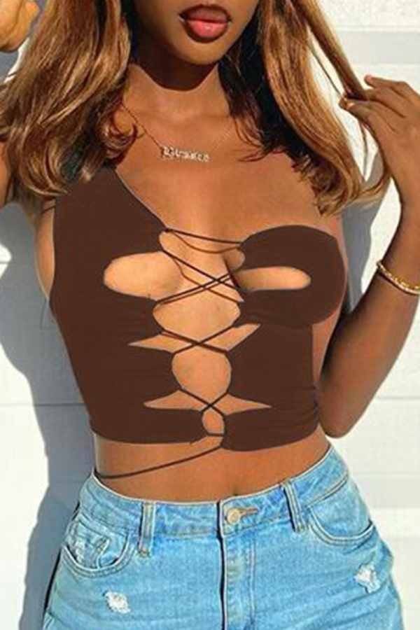 Coffee Sexy Street Solid Split Joint Frenulum One Shoulder Tops