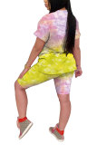 Yellow Polyester Fashion Casual adult Patchwork Print Tie Dye Gradient Two Piece Suits pencil Short Sleeve Two Pieces