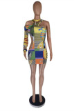 Yellow Fashion Sexy Print Hollowed Out O Neck Long Sleeve Dresses