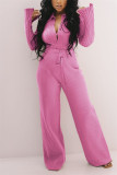 Pink Fashion Casual Solid Basic Turndown Collar Long Sleeve Regular Sleeve Regular Two Pieces