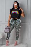 White Polyester Fashion adult Casual Two Piece Suits Sequin Print Rainbow Gradient asymmetrical Short Slee