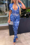 Blue Fashion Casual Print Zipper Collar Regular Jumpsuits (Without Waist Chain)