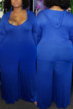 Blue Casual Knitting Solid Split Joint O Neck Plus Size