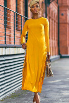 Yellow Polyester Casual Cap Sleeve Long Sleeves O neck Asymmetrical Ankle-Length Solid asymmetrical stringy